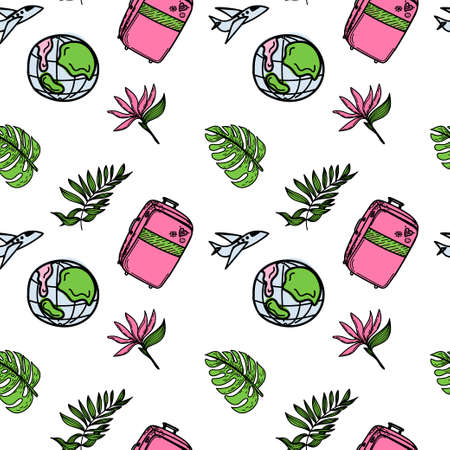 Seamless pattern of suitcase and tropical elements, hand-drawn in sketch style. Hawaii. Leaves and flowers. Large suitcase, airplane, globe, hibiscus and monster. Luggage. Summerのイラスト素材
