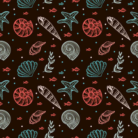Seamless pattern, hand-drawn sea creatures in sketch style. Shells and seaweed. Black background. isolated. Summer. ocean. flat design. vector illustrationのイラスト素材