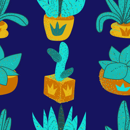 A seamless pattern of stylized cacti, hand-drawn doodles, on a blue background. Cacti in different pots. flat vector style. Plants of different shapes and sizes. The pots show a pattern of crownsのイラスト素材