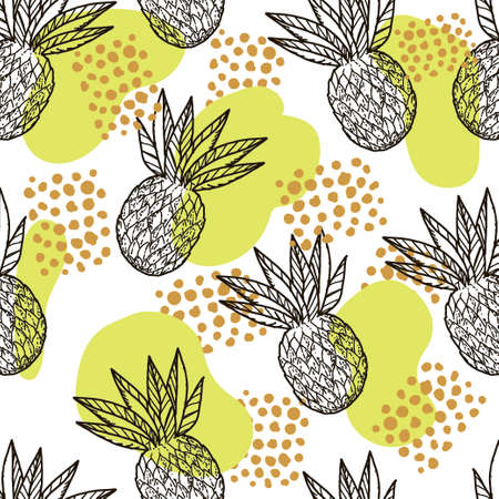 Seamless pineapple pattern, hand-drawn doodle in sketch style. Large pineapple with fluffy foliage and abstract spots. Vegan. Eco. Summer. exoticaのイラスト素材