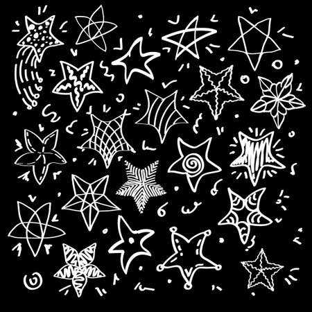 A set of cute, hand-drawn doodle stars. Objects of different shapes, sizes, and patterns. Design elements on a black backgroundのイラスト素材