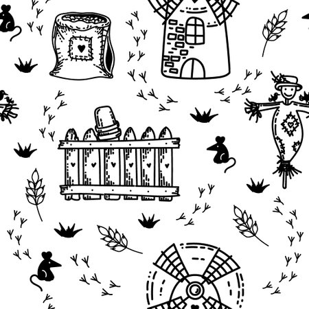 Seamless pattern with mill, flour and scarecrow, hand-drawn doodle-style elements. Kid-inspired background with cute animals, a stuffed animal, and a mill with a heartのイラスト素材