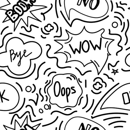 A seamless pattern of speech bubbles with hand-drawn doodle-style dialog words. Boom, Oops, No, Okay, Wow. close-up. vector illustrationのイラスト素材
