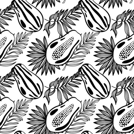 Seamless pattern of papaya and tropical leaves, hand-drawn doodle elements in a black and white palette. Whole papaya and core. palm leaves. Image of summer fruitsのイラスト素材