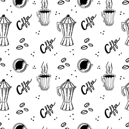 A seamless pattern of coffee maker, coffee cups and coffee beans, hand-drawn doodle elements. Hand-drawn inscriptions. coffee brewing method. morning breakfastのイラスト素材