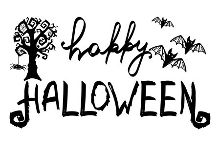 Stylized handwritten inscription. Poster with text. Happy Halloween. Scary tree with spider web and spider. Bats. Autumn. Holiday hand-drawn vector illustrationのイラスト素材