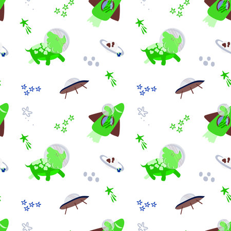 Seamless pattern of cute dinosaur astronauts. vector in cartoon style. Dinosaur astronaut with planets, comets and stars around. Can be used for greeting cards, children's fashion, textiles, fabricsのイラスト素材