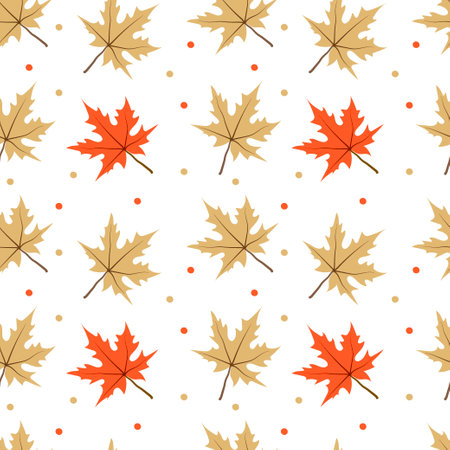 Seamless pattern of orange autumn leaves on a light background. Autumn. Bright maple leaves and colorful peas. thanksgiving. Suitable for textiles and packagingのイラスト素材
