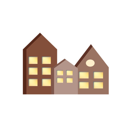 Stylized houses, hand-drawn in a flat style. decor. burning windows. Christmas. minimalism. Scandinavian style. Vector simple illustrationのイラスト素材