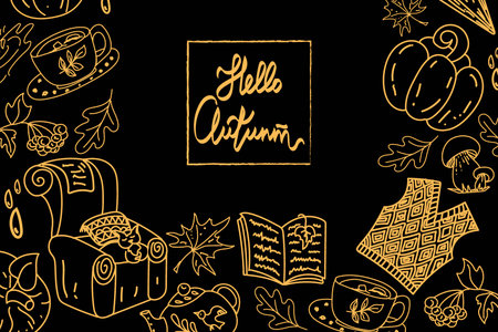 Frame with autumn objects, hand-drawn doodle-style elements. Hand drawn inscription. Umbrella, book, pumpkins, teapot and mug with hot drink on black background. Cozy chair with cat and plaidのイラスト素材