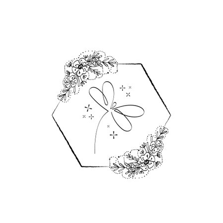Hand-drawn stylized dragonfly with flowers. logo. Boho style. single line drawing. Dragonfly. insect. Suitable for posters, stickers and postcardsのイラスト素材