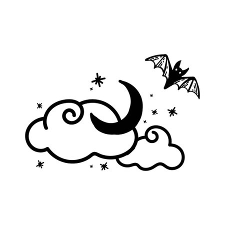 Happy Halloween. Clouds with the moon and stars. Bats. Autumn. holiday. Hand drawn vector illustration in doodle styleのイラスト素材