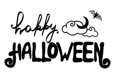 Stylized handwritten inscription. Poster with text. Happy Halloween. Clouds with the moon. Bats. Autumn. Holiday hand-drawn vector illustrationのイラスト素材