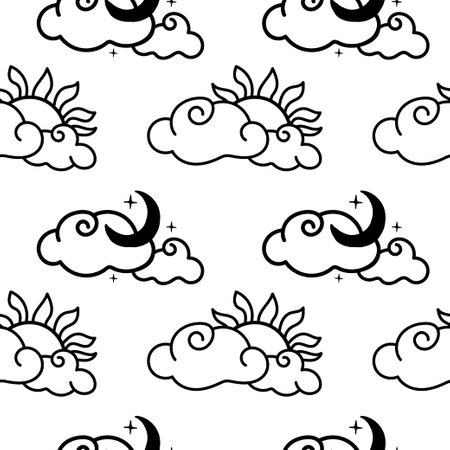 A seamless pattern of a cloud with the sun and a cloud with the moon and stars, drawn elements in a doodle style. nature phenomenon. day. night. time. Nature. Little curly clouds. cute vectorのイラスト素材