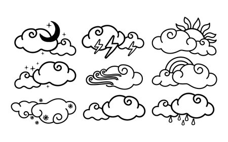 A set of weather phenomena. Clouds with rainbow, snow, thunderstorm, wind, rain, sun, month, drawn elements in doodle style. nature phenomenon. Clear, overcast, day, night Weather Little curly cloudのイラスト素材