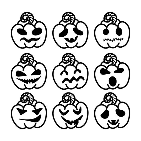A set of Halloween pumpkin icons, hand-drawn doodles. Funny pumpkins isolated on a white background. monster faces. Design elements for logo, badges, banners, labels, posters. vector illustrationのイラスト素材