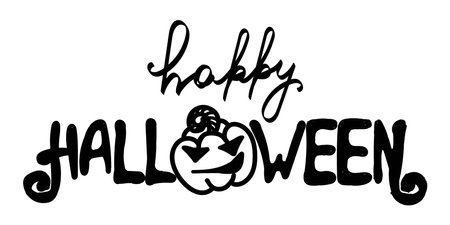 Stylized handwritten inscription. Poster with text. Happy Halloween. Jack's head. A pumpkin with a face. Autumn. Holiday hand-drawn vector illustrationのイラスト素材