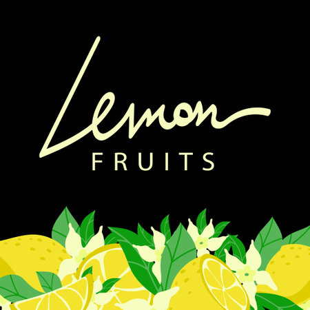 Holiday boarder decorated with ripe yellow lemons, cartoon-style painted elements. handwritten inscription. Isolated on black background. Sample poster, party invitation, holiday banner, cardのイラスト素材
