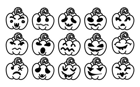 A set of hand-drawn Halloween pumpkin icons. Funny pumpkins isolated on a white background. Faces of monsters. Jack's head. Design elements for logo, badges, banners, posters. vector illustrationのイラスト素材