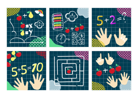 Set of design templates for mental math school, math course, creative children. AgainCounting on Your Fingers. Math. Labyrinth. puzzles. Modern design vector illustration concept for website designのイラスト素材