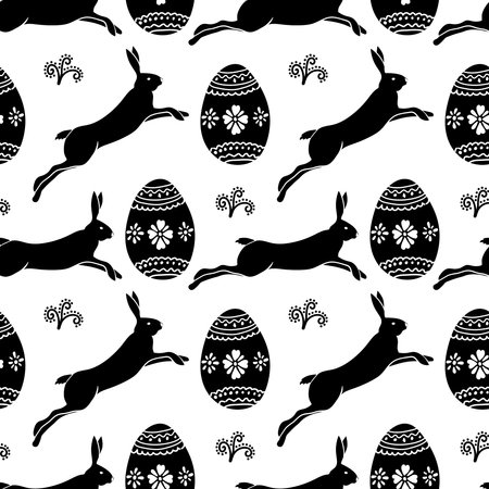 Seamless hand-drawn pattern of a running bunny and an Easter egg. Silhouette of a rabbit. Easter. Spring. Animal jumping. Egg with pattern. Vector simple illustrationのイラスト素材