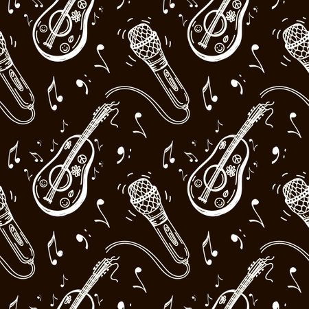 Seamless pattern of musical symbols, guitar, ukulele, sheet music, microphone. Karaoke. Melody. Creating music in a hippie style. Hand drawn doodle style elements. Vector on black backgroundのイラスト素材