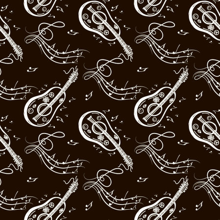 A seamless pattern of musical symbols, guitar, ukulele, notes, and violin keys. Hand drawn doodle style elements. Vector illustration on black backgroundのイラスト素材