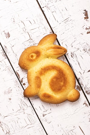 Easter bunny cake over spring background, top viewの写真素材
