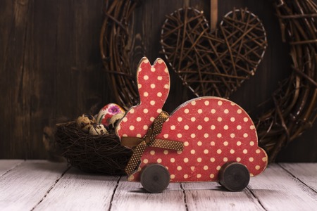 Easter decoration with wooden bunny, selective focusの写真素材