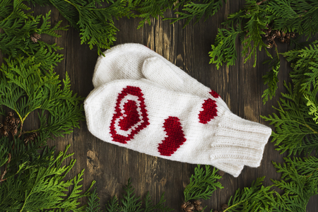 Knitted mittens and cedar branches over wooden background. Top viewの写真素材