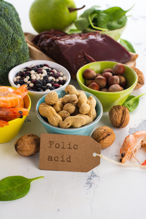 Healthy food, sources of folic acid (vitamin B9)の写真素材