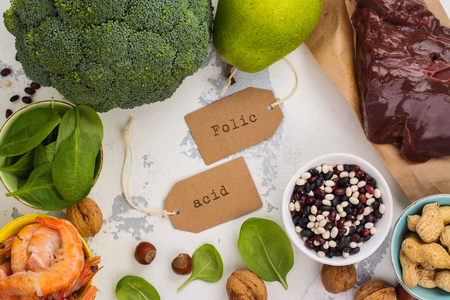 Healthy food, sources of folic acid (vitamin B9)の写真素材