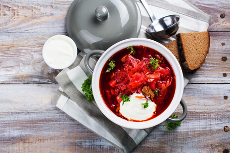 Traditional Russian or Ukrainian beetroot soup borscht. Space for textの写真素材