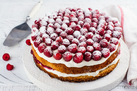Homemade raspberry cake. Delicious summer dessert. Copy space