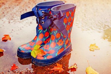 Pair of gum boots in a puddle. Fall fun and walk concept. Toned image. Space for textの写真素材