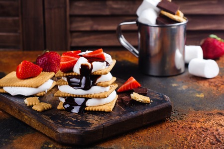 Picnic dessert smores with marshmallow, graham crackers, strawberry and chocolate sauce on dark vintage backgroundの写真素材