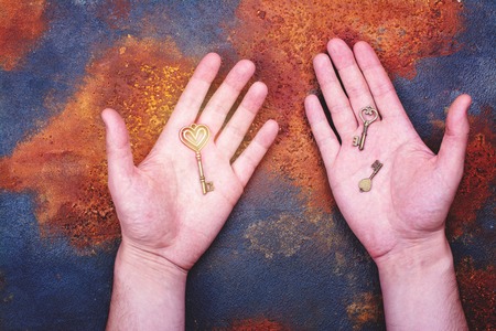 Good choice. Key to success on a man's palm. Business concept. Copy spaceの写真素材