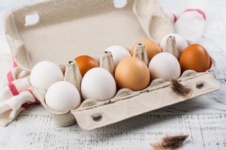 Hen eggs in a basket. Rustic style