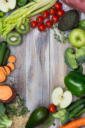 Assortment of alkaline food on wooden backgroundの写真素材