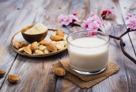 Non dairy vegan almond milk in a tall glassの写真素材