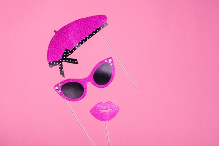 Photo booth colorful props for Valentines day party - eiffel tower, lips, mustache, glasses and word bubbleの写真素材