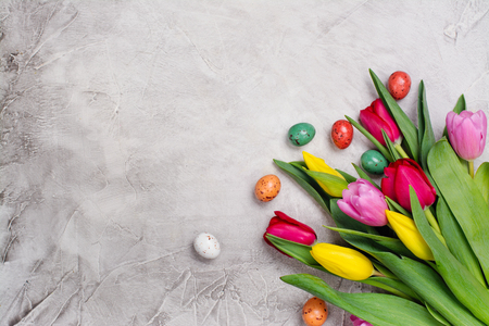 Spring tulips and easter eggsの写真素材