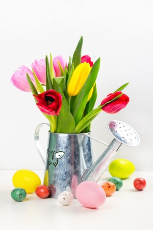 Spring tulips and easter eggs on white backgroundの写真素材