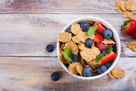 Healthy diet breakfast on a wooden table backgroundの写真素材