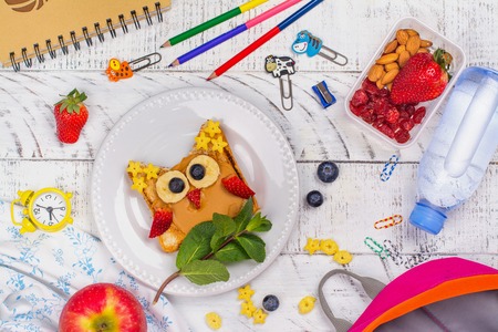 Funny kids sandwich. Tasty owl sandwich for school lunch or breakfast. Back to school concept. Copy spaceの写真素材