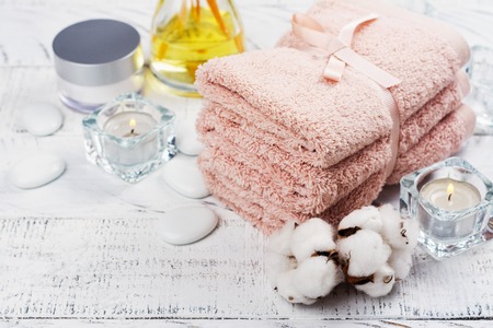 SPA or welness concept with cotton towels, soap and sea salt. Beauty or skin care concept. Copy spaceの写真素材