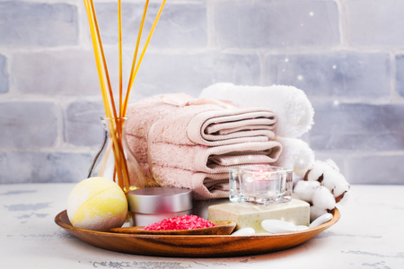 SPA setting on wooden trayの写真素材