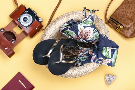 Summer vacation set - hat, bikini and flip flopの写真素材