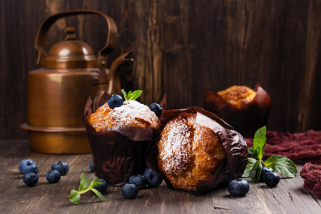 Vegan banana oatmeal cupcakes with blueberryの写真素材