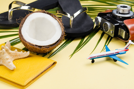 Travelers accessories on summer backgroundの写真素材